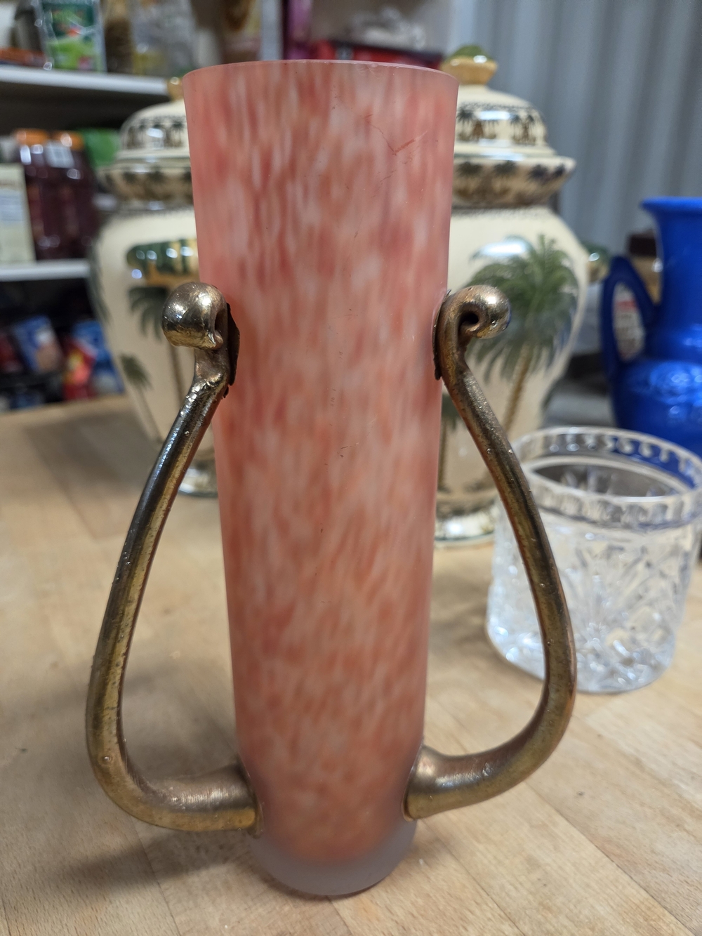 Hand Blown Glass Bud Vase with Brass Handles Romania